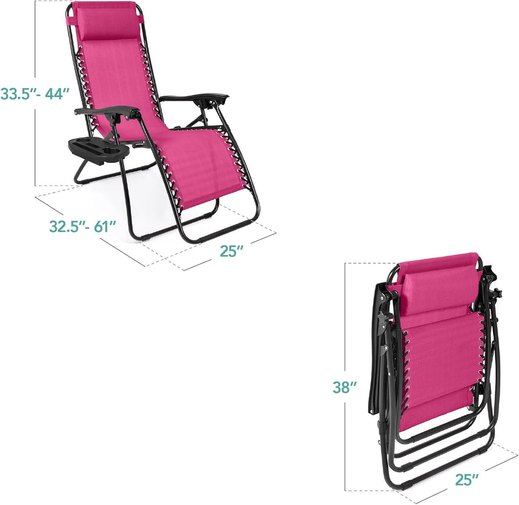 Best Choice Products Set of 2 Adjustable Steel Mesh Zero Gravity Lounge Chair Recliners w/Pillows and Cup Holder Trays - Beige