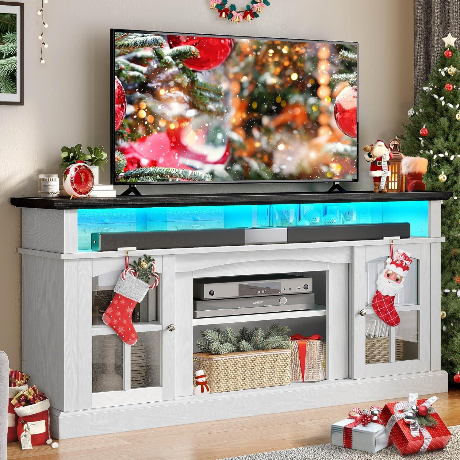 LED Farmhouse TV Stand for TV up to 75" w/Outlets, Highboy Media Entertainment Center Console Table Adjustable Storage Shelves &Cabinet Glass Door for 400lbs for Living Room