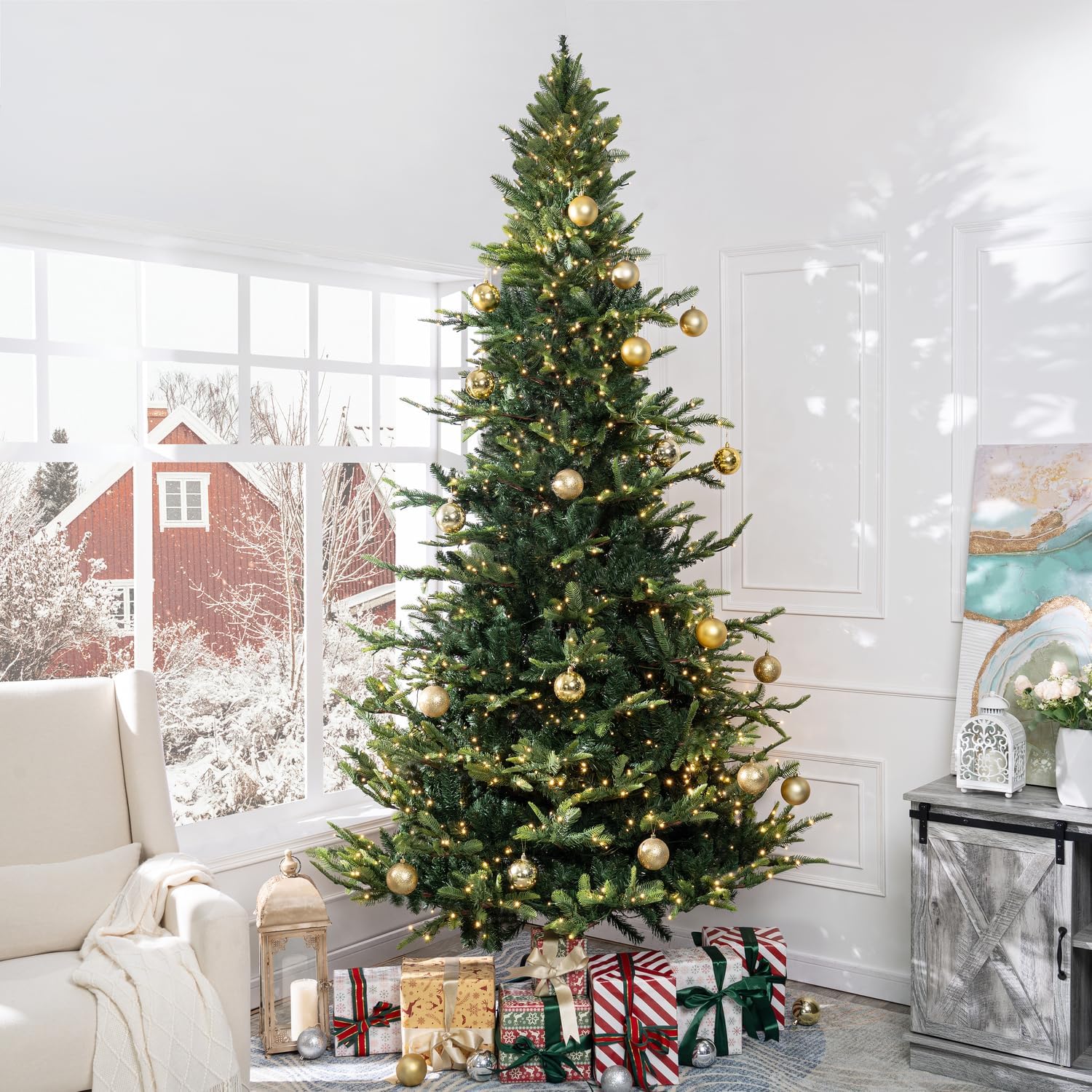 Naomi Home 6.5ft Rustic Christmas Tree with Lights, Realistic Classic Prelit with 2595 Branch Tips, 600 Warm Lights and Metal Stand, Aritificial Tree