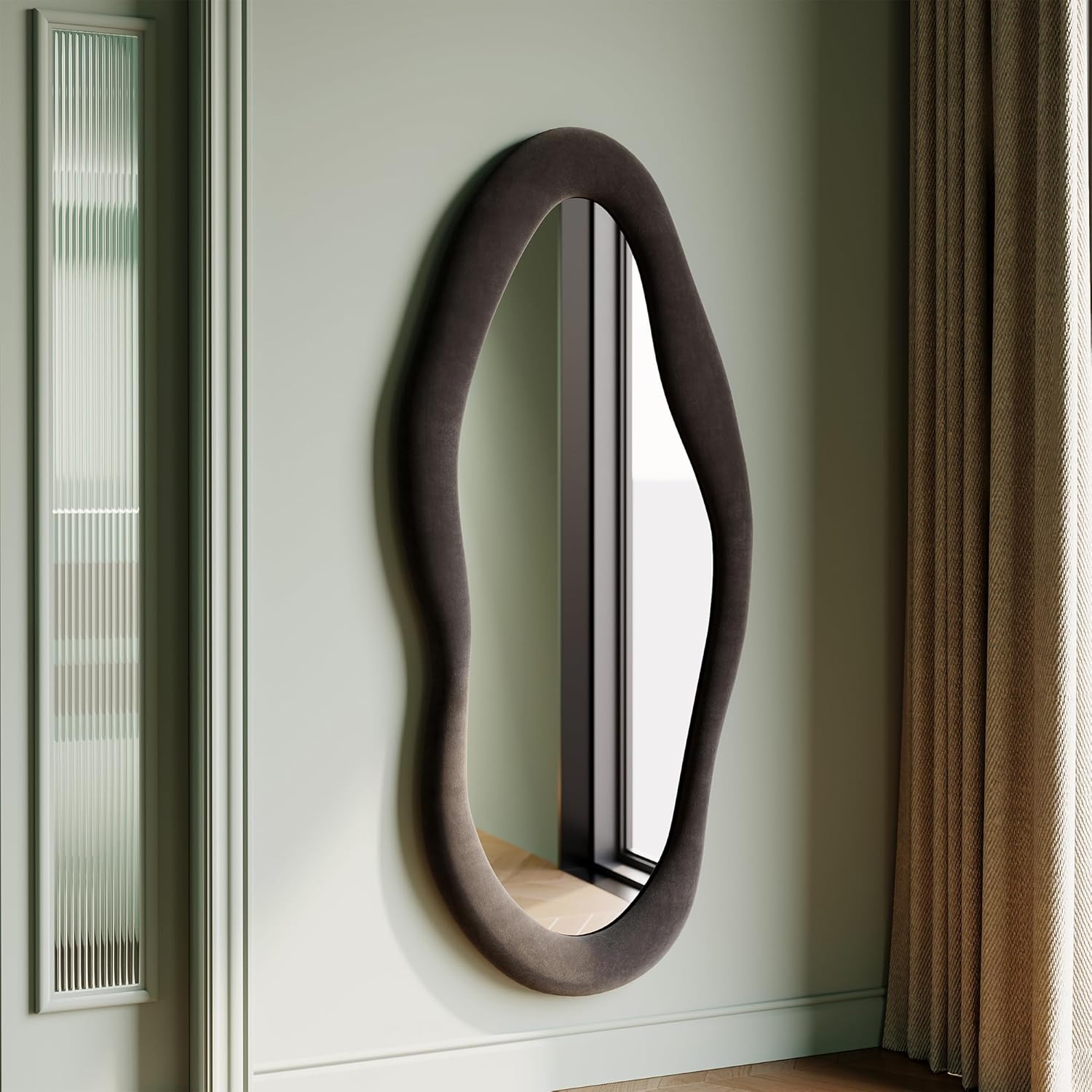 Honyee Full Length Mirror, 63" x 24" Wall Mirror, Flannel Wrapped Wooden Frame Full Body Mirror, Irregular Wavy Mirror Hanging or Leaning Against Wall for Cloakroom/Bedroom/Living Room, Ivory White
