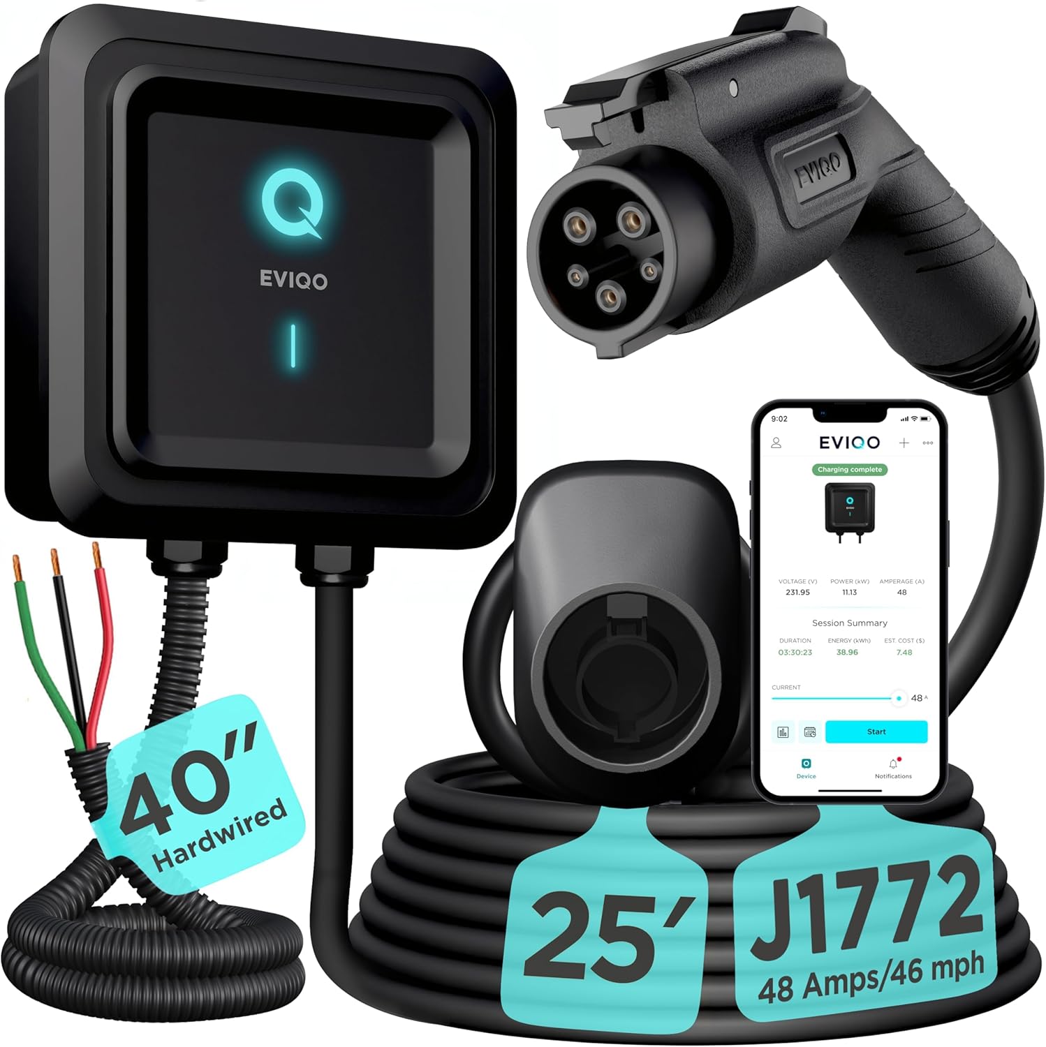 EVIQO Level 2 EV Charger 40 Amp - 9.6 kW 240V Wall EV Charger Level 2 for Home, NEMA 14-50 Plug, J1772 25' Cable, Enhanced Wi-Fi – UL, ETL Certified EVSE, Smart Car EV Charging Station – GEN 2