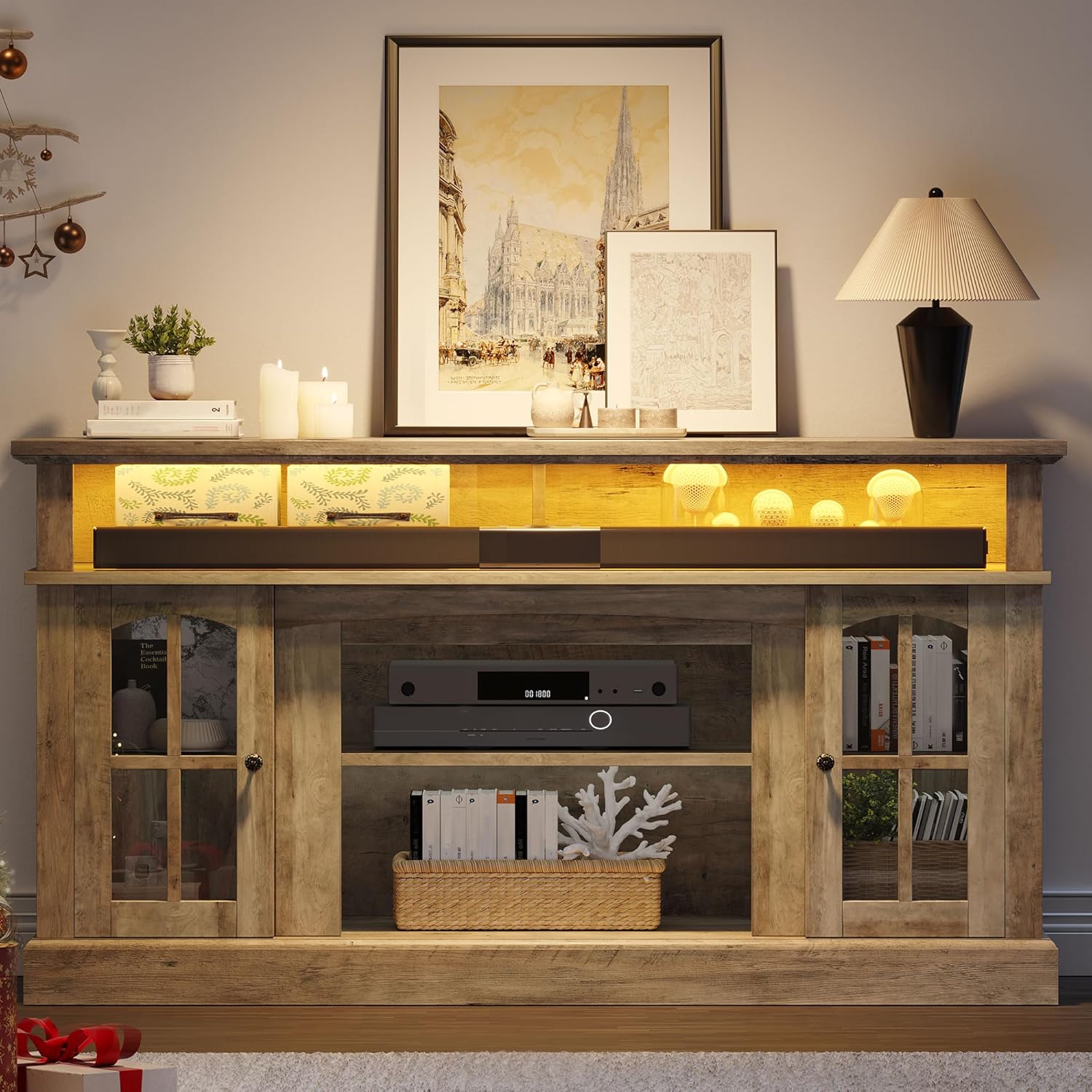 LED Farmhouse TV Stand for TV up to 75" w/Outlets, Highboy Media Entertainment Center Console Table Adjustable Storage Shelves &Cabinet Glass Door for 400lbs for Living Room
