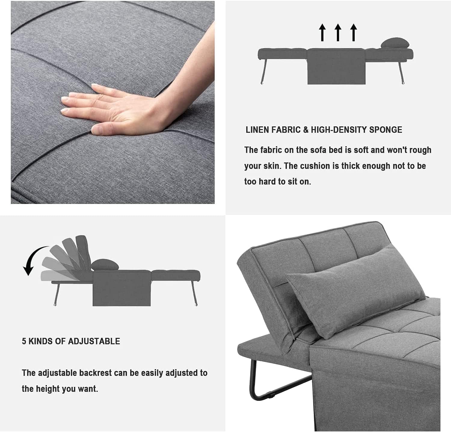 Sofa Bed, 4 in 1 Multi-Function Folding Ottoman Breathable Linen Couch Bed with Adjustable Backrest Modern Convertible Chair for Living Room Apartment Office