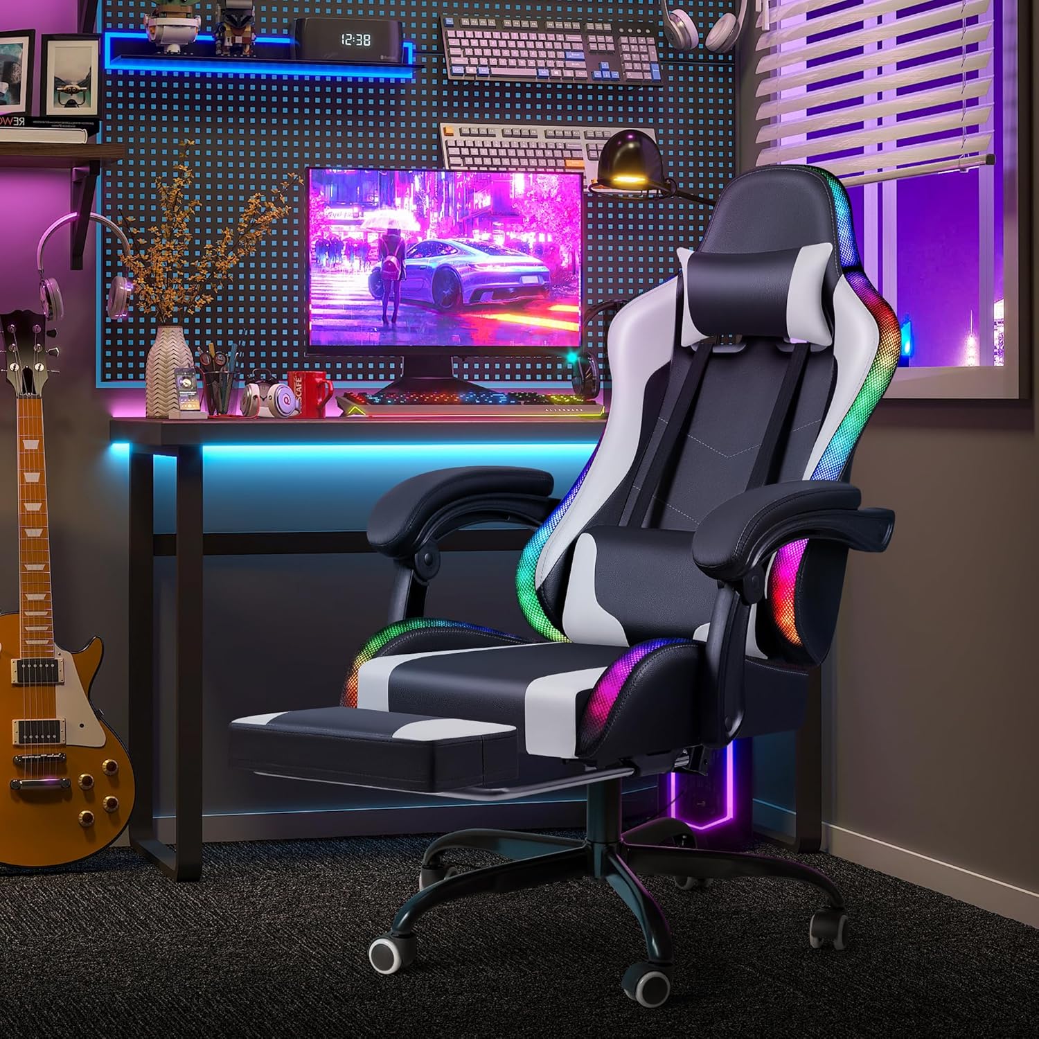 Homall Gaming Chair, Video Game Chair with Footrest and Massage Lumbar Support, Ergonomic Computer Chair Height Adjustable with Swivel Seat and Headrest (Grey)