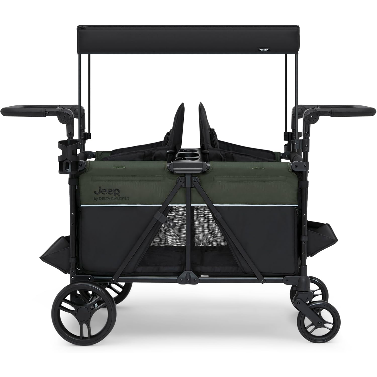 Delta Children - Jeep Wrangler Deluxe 4 Seater Stroller Wagon - Premium Quad Stroller Wagon for 4 Kids with Convertible Seats, Adjustable Push/Pull Handles, Removable Canopy & Flat Fold, Black/Green