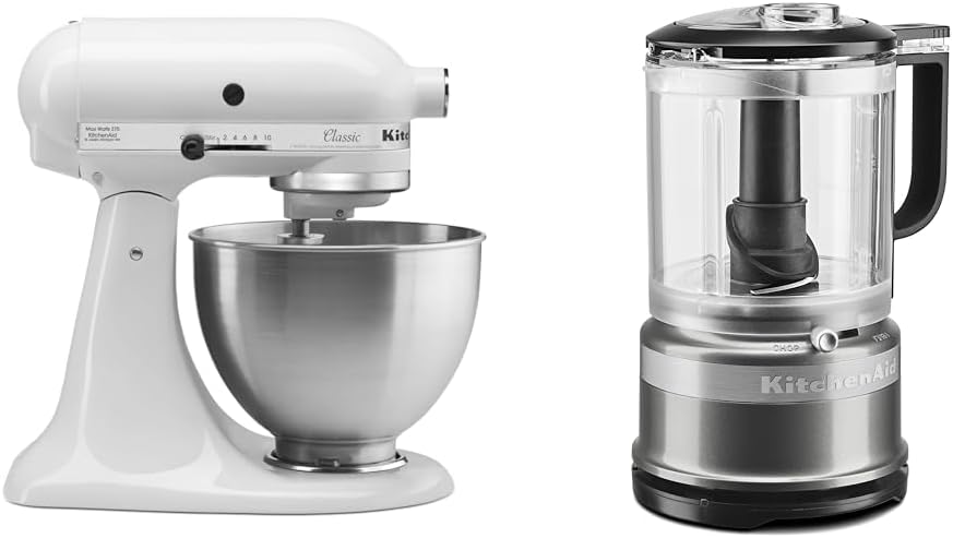 KitchenAid Classic Series 4.5 Quart Tilt-Head Stand Mixer K45SS, White & ® Food Grinder + Fresh Prep Slicer/Shredder Attachment Bundle, White