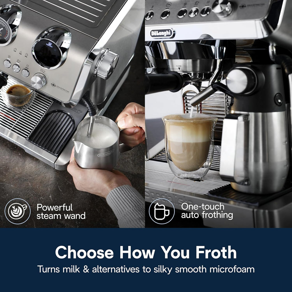 De'Longhi La Specialista Maestro Espresso Machine with Grinder, Auto & Manual Milk Frother – Bean-to-Cup Cold Brew Coffee with Cold Extraction Technology, Variable Temp & Tamping Tool, 8 Drink Presets