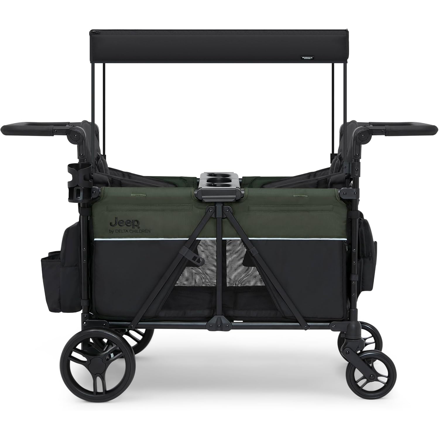 Delta Children - Jeep Wrangler Deluxe 4 Seater Stroller Wagon - Premium Quad Stroller Wagon for 4 Kids with Convertible Seats, Adjustable Push/Pull Handles, Removable Canopy & Flat Fold, Black/Green