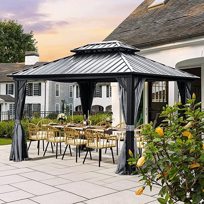 💝Clearance sale✨12’ft x 10’ft Hardtop Gazebo, With Privacy Curtain And Mosquito Net