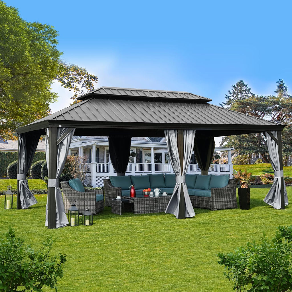 Kozyard Alexander 10' X 12' Hardtop, Aluminum Metal Gazebo with Galvanized Steel Double Roof Canopy, Curtain and Netting, Permanent Pavilion for Patio, Backyard, Deck, Lawn (Gray)
