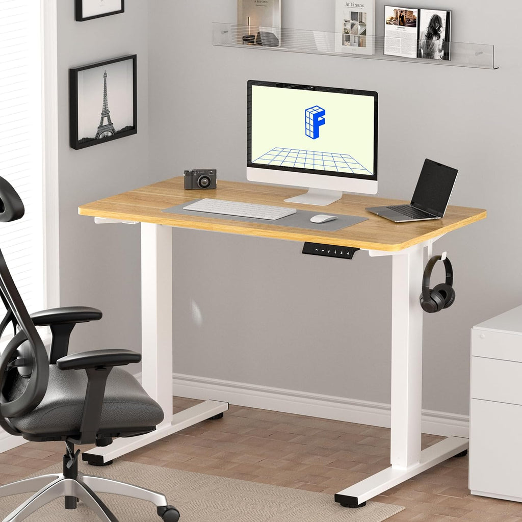 FLEXISPOT EN1 One-Piece Standing Desk 55 x 28 Inch Electric Adjustable Height Desk for Home Office and Computer Workstation (White Frame + 55" Maple Top, 2 Packages)