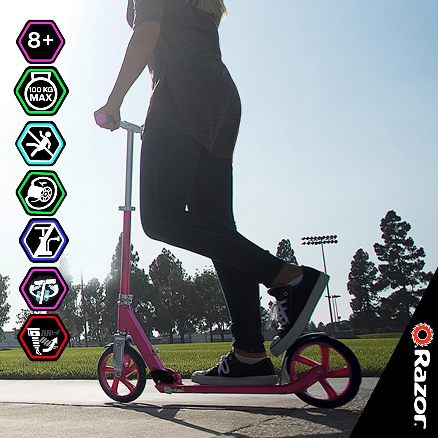 Razor A5 Lux Kick Scooter for Kids Ages 8+ - 8" Urethane Wheels, Anodized Finish Featuring Bold Colors and Graphics, for Riders up to 220 lbs
