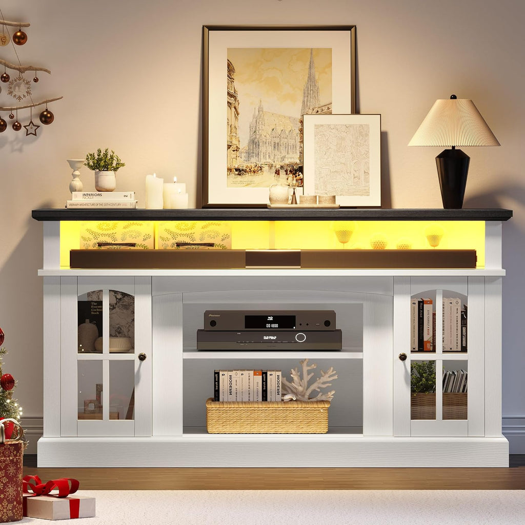 LED Farmhouse TV Stand for TV up to 75" w/Outlets, Highboy Media Entertainment Center Console Table Adjustable Storage Shelves &Cabinet Glass Door for 400lbs for Living Room
