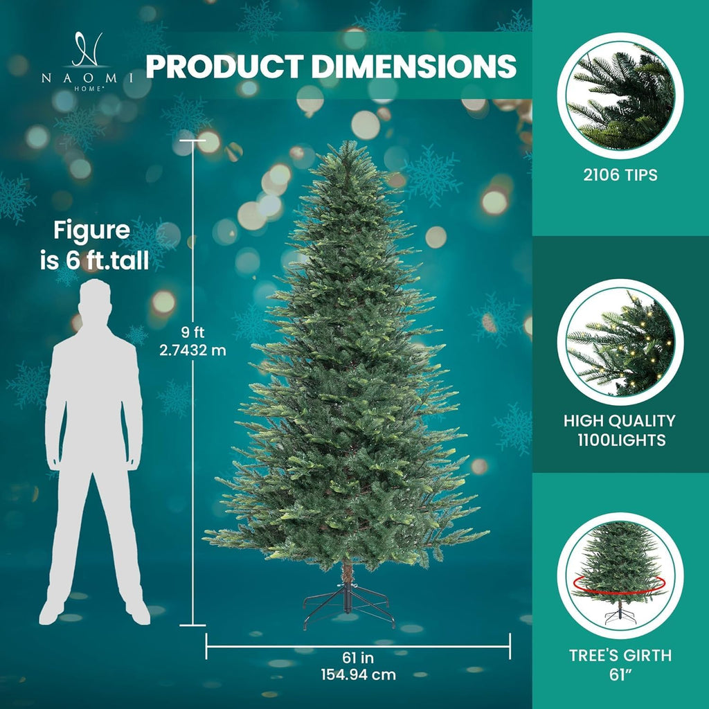 Naomi Home 6.5ft Rustic Christmas Tree with Lights, Realistic Classic Prelit with 2595 Branch Tips, 600 Warm Lights and Metal Stand, Aritificial Tree