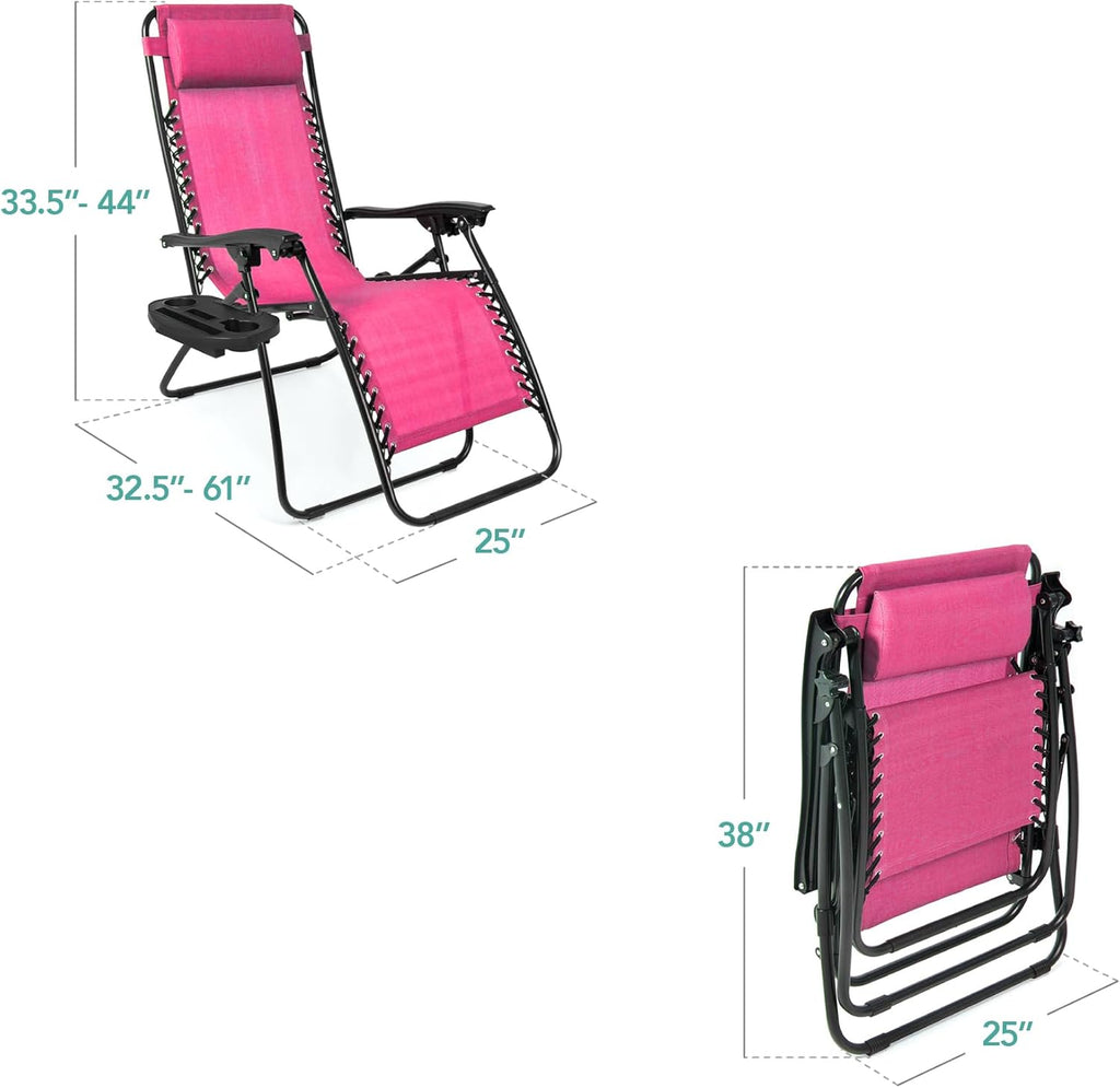Best Choice Products Set of 2 Adjustable Steel Mesh Zero Gravity Lounge Chair Recliners w/Pillows and Cup Holder Trays - Beige
