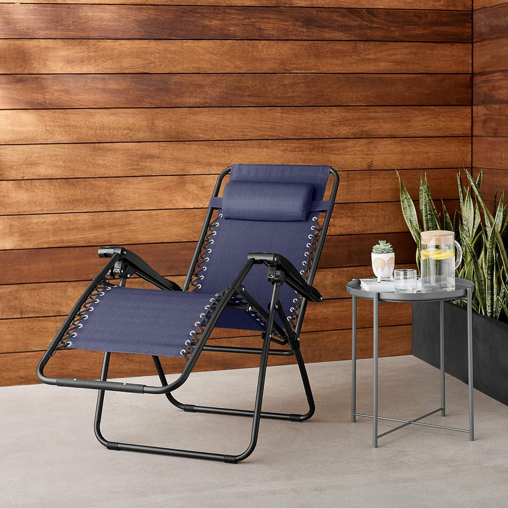 Basics Outdoor Textilene Adjustable Zero Gravity Folding Reclining Lounge Chair with Pillow, 26", Navy Blue