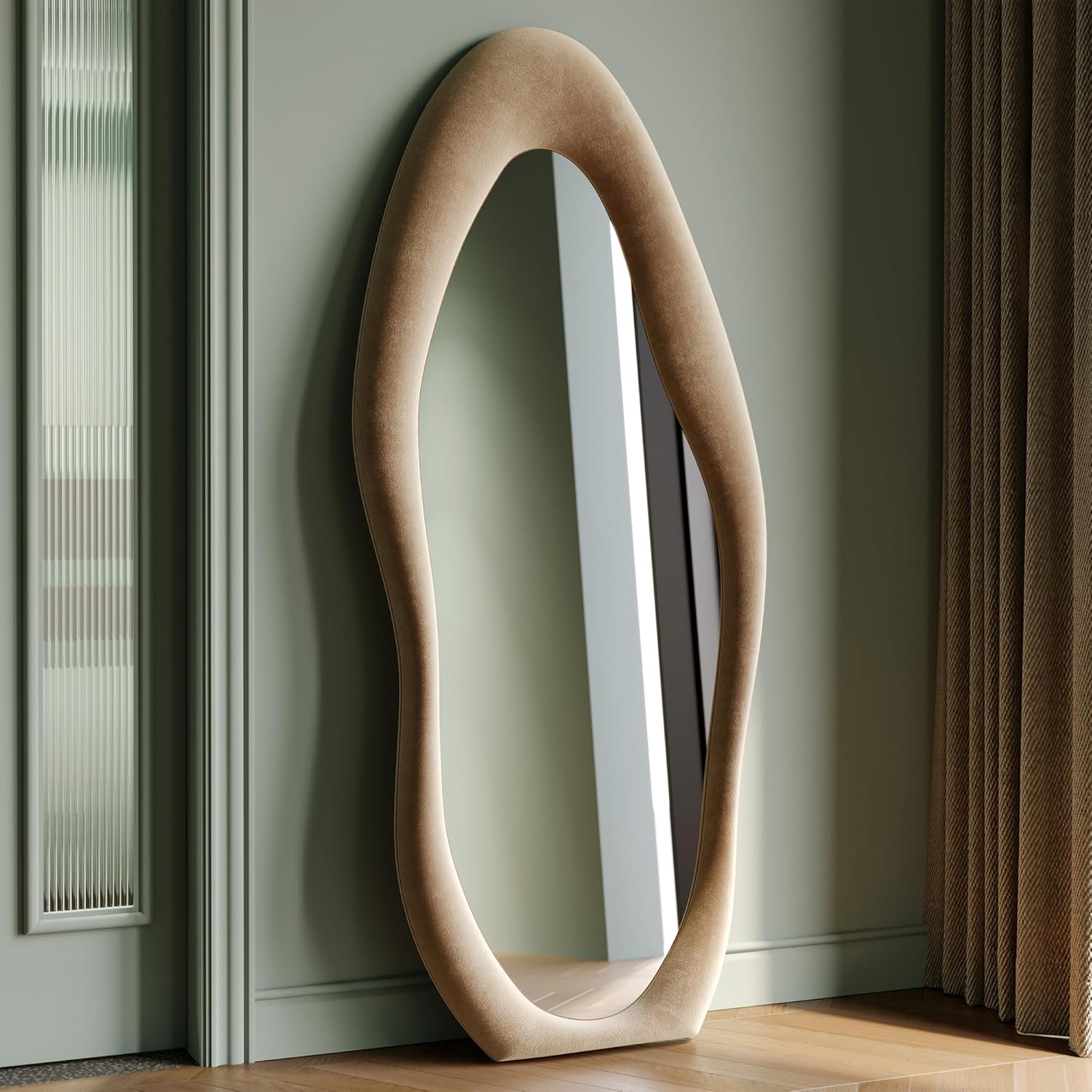 Honyee Full Length Mirror, 63" x 24" Wall Mirror, Flannel Wrapped Wooden Frame Full Body Mirror, Irregular Wavy Mirror Hanging or Leaning Against Wall for Cloakroom/Bedroom/Living Room, Ivory White