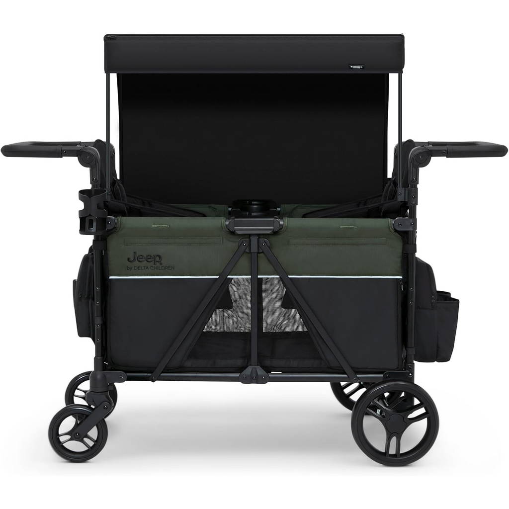 Delta Children - Jeep Wrangler Deluxe 4 Seater Stroller Wagon - Premium Quad Stroller Wagon for 4 Kids with Convertible Seats, Adjustable Push/Pull Handles, Removable Canopy & Flat Fold, Black/Green