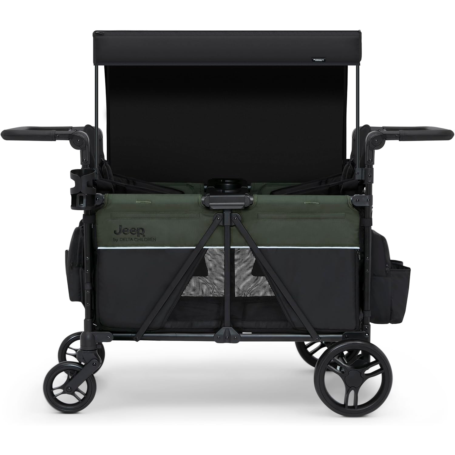 Delta Children - Jeep Wrangler Deluxe 4 Seater Stroller Wagon - Premium Quad Stroller Wagon for 4 Kids with Convertible Seats, Adjustable Push/Pull Handles, Removable Canopy & Flat Fold, Black/Green