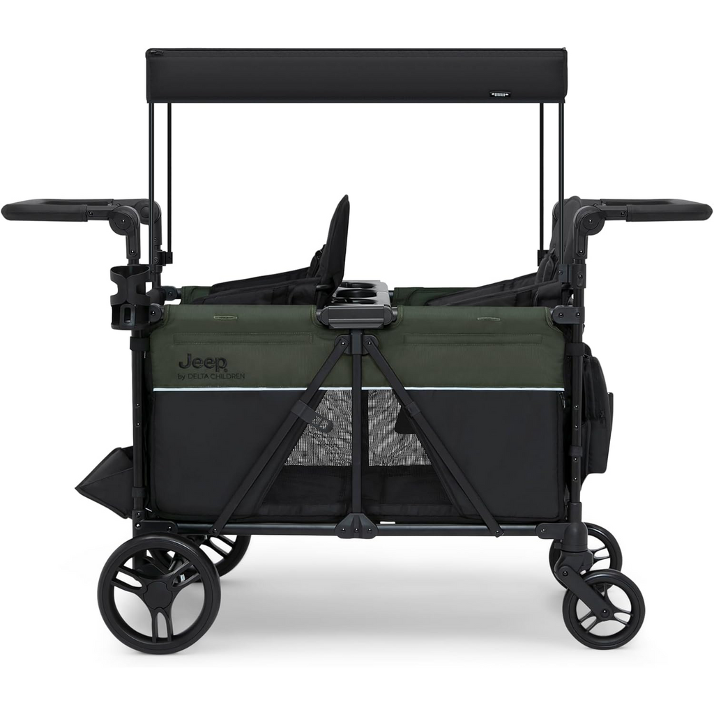 Delta Children - Jeep Wrangler Deluxe 4 Seater Stroller Wagon - Premium Quad Stroller Wagon for 4 Kids with Convertible Seats, Adjustable Push/Pull Handles, Removable Canopy & Flat Fold, Black/Green