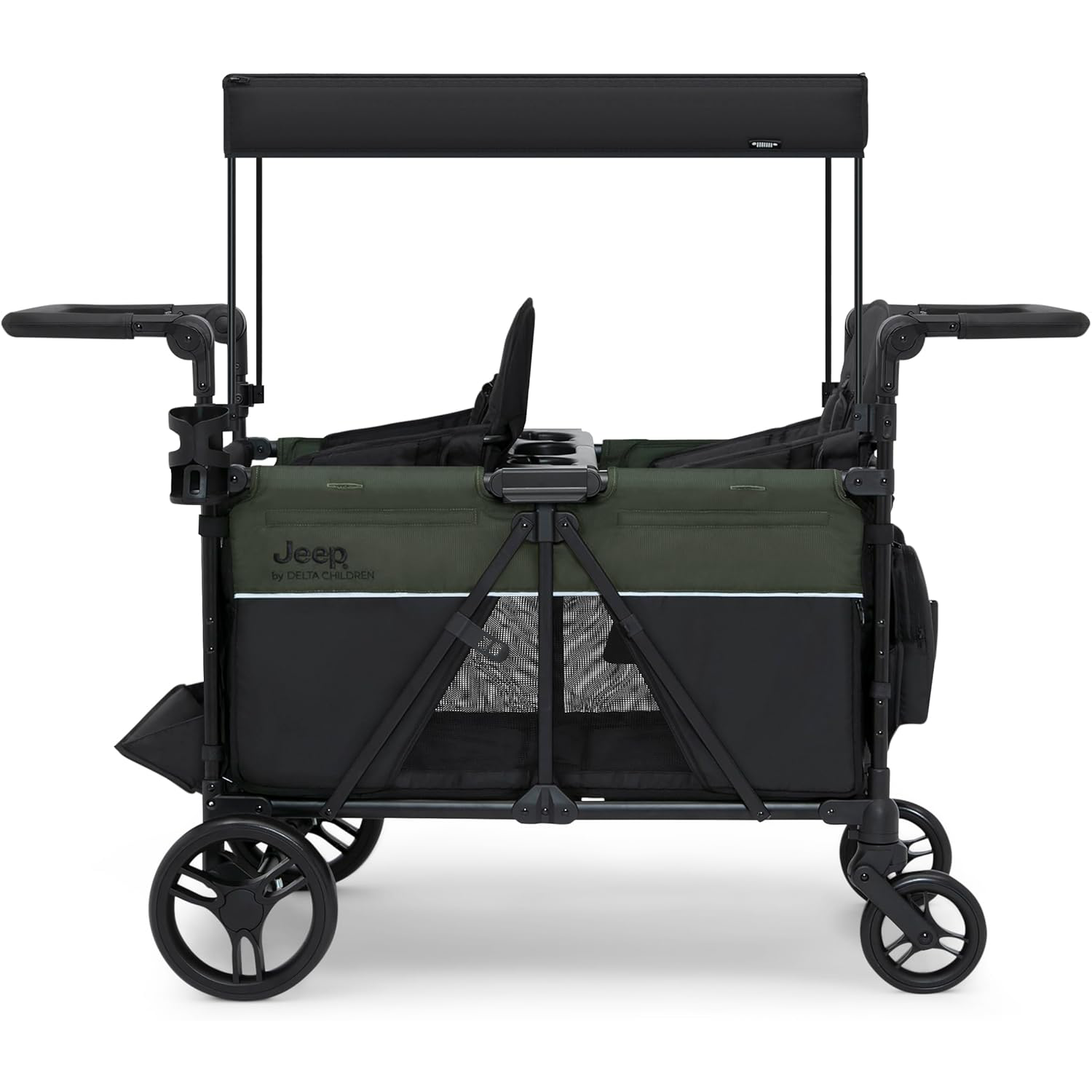 Delta Children - Jeep Wrangler Deluxe 4 Seater Stroller Wagon - Premium Quad Stroller Wagon for 4 Kids with Convertible Seats, Adjustable Push/Pull Handles, Removable Canopy & Flat Fold, Black/Green
