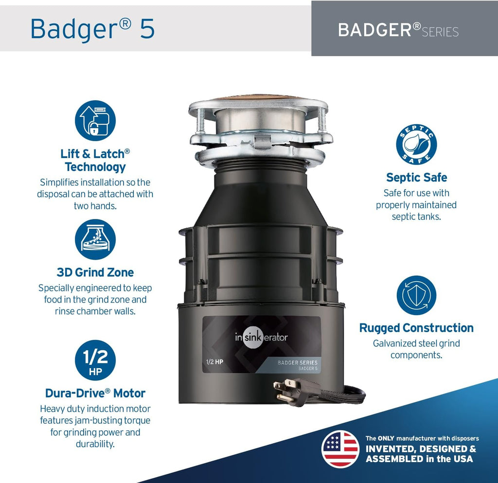 InSinkErator Badger 5 Garbage Disposal with Power Cord 1/2 HP Continuous Feed Food Waste Disposer + InSinkErator BOOST Injection System with Septic Guard Solution, Septic System Maintenance, BST-SG