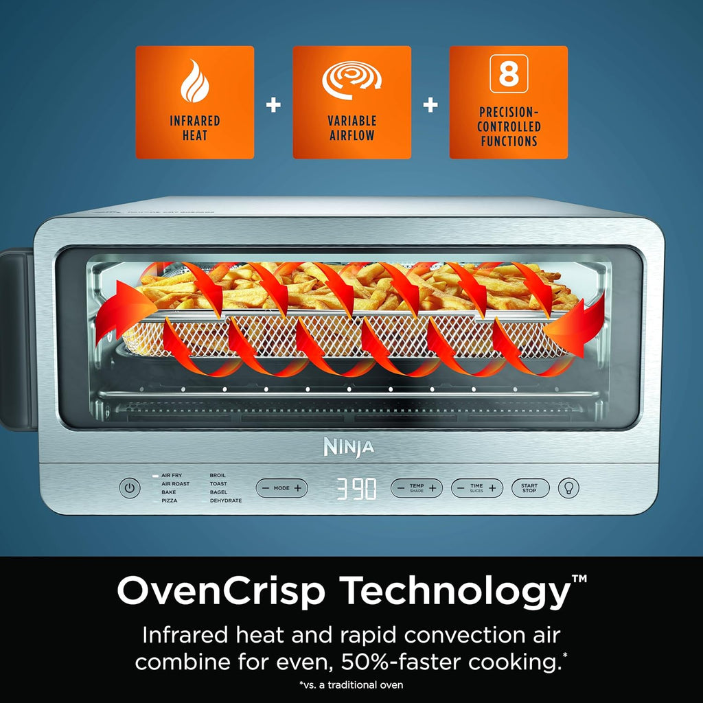 Ninja SP101 Digital Air Fry Countertop Oven with 8-in-1 Functionality, Flip Up & Away Capability for Storage Space, with Air Fry Basket, Wire Rack & Crumb Tray, Silver