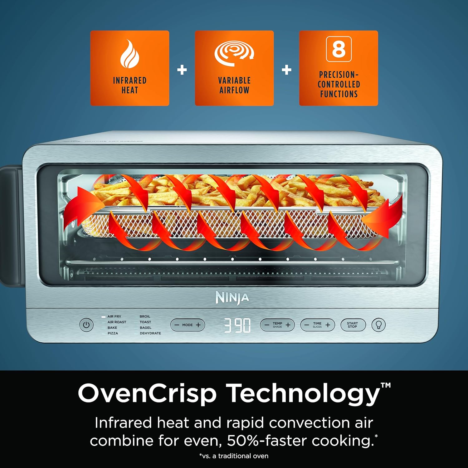Ninja SP101 Digital Air Fry Countertop Oven with 8-in-1 Functionality, Flip Up & Away Capability for Storage Space, with Air Fry Basket, Wire Rack & Crumb Tray, Silver
