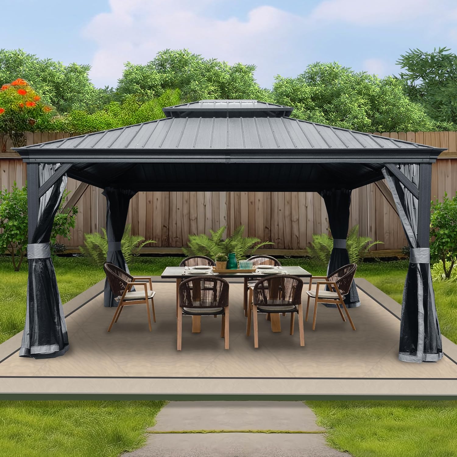 Kozyard Alexander 10' X 12' Hardtop, Aluminum Metal Gazebo with Galvanized Steel Double Roof Canopy, Curtain and Netting, Permanent Pavilion for Patio, Backyard, Deck, Lawn (Gray)