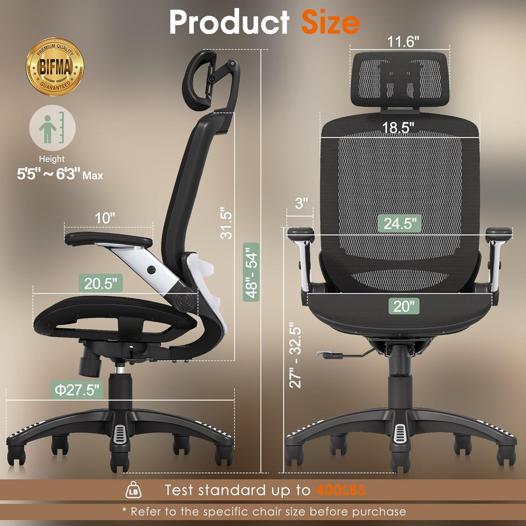 GABRYLLY Ergonomic Office Chair, High Back Home Desk Chair with Headrest, Flip-Up Arms, 90-120° Tilt Lock and Wide Cushion, Big and Tall Mesh Chairs for Man Woman, Grey Task Chair