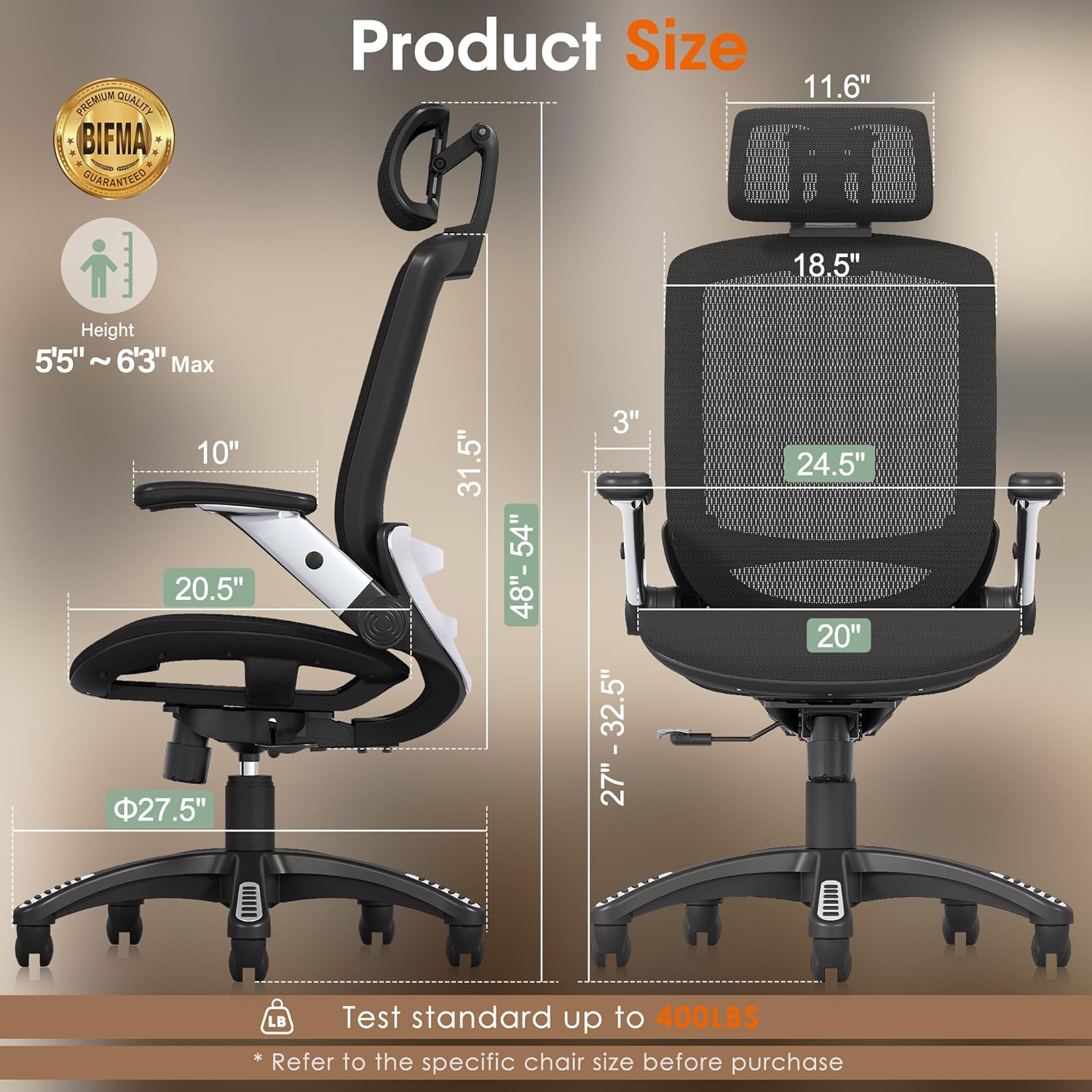GABRYLLY Ergonomic Office Chair, High Back Home Desk Chair with Headrest, Flip-Up Arms, 90-120° Tilt Lock and Wide Cushion, Big and Tall Mesh Chairs for Man Woman, Grey Task Chair