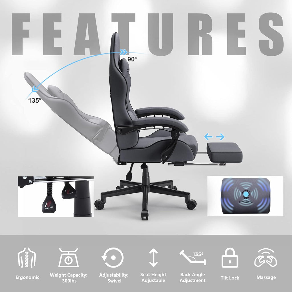 Dowinx Gaming Chair Fabric with Pocket Spring Cushion, Massage Game Chair Cloth with Headrest, Ergonomic Computer Chair with Footrest 290LBS, Blue and Grey