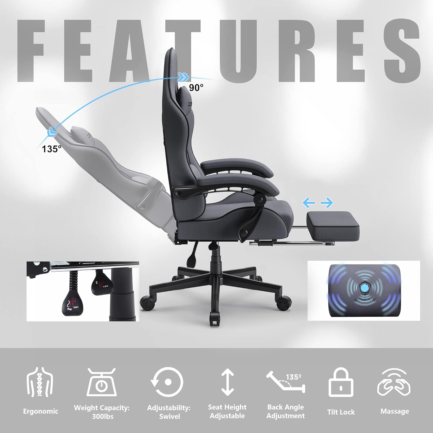 Dowinx Gaming Chair Fabric with Pocket Spring Cushion, Massage Game Chair Cloth with Headrest, Ergonomic Computer Chair with Footrest 290LBS, Blue and Grey