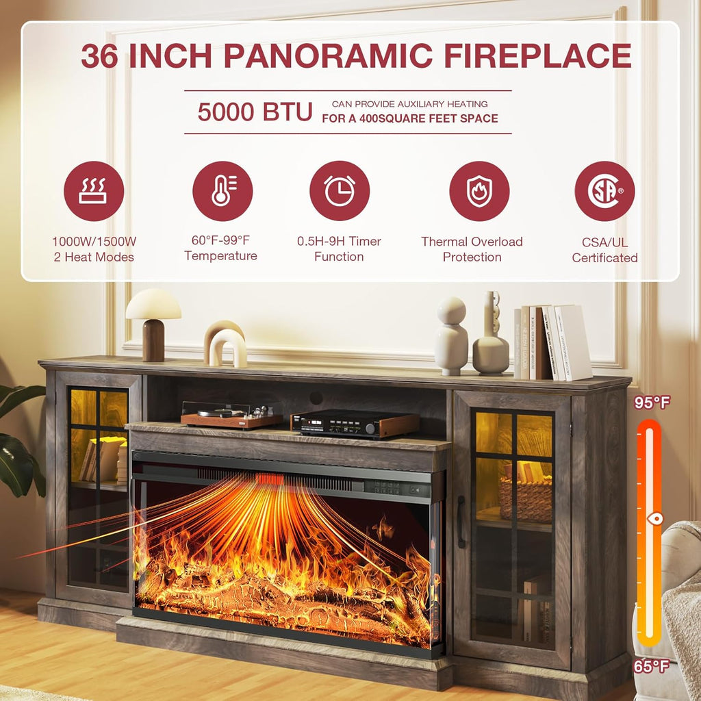 oneinmil 59'' Fireplace TV Stand, 3 Sided Glass Media Entertainment Center Console Table for TVs up to 65'' with Glass Door Adjustable Flame LED Color for Living Room, Set of TV Table, White