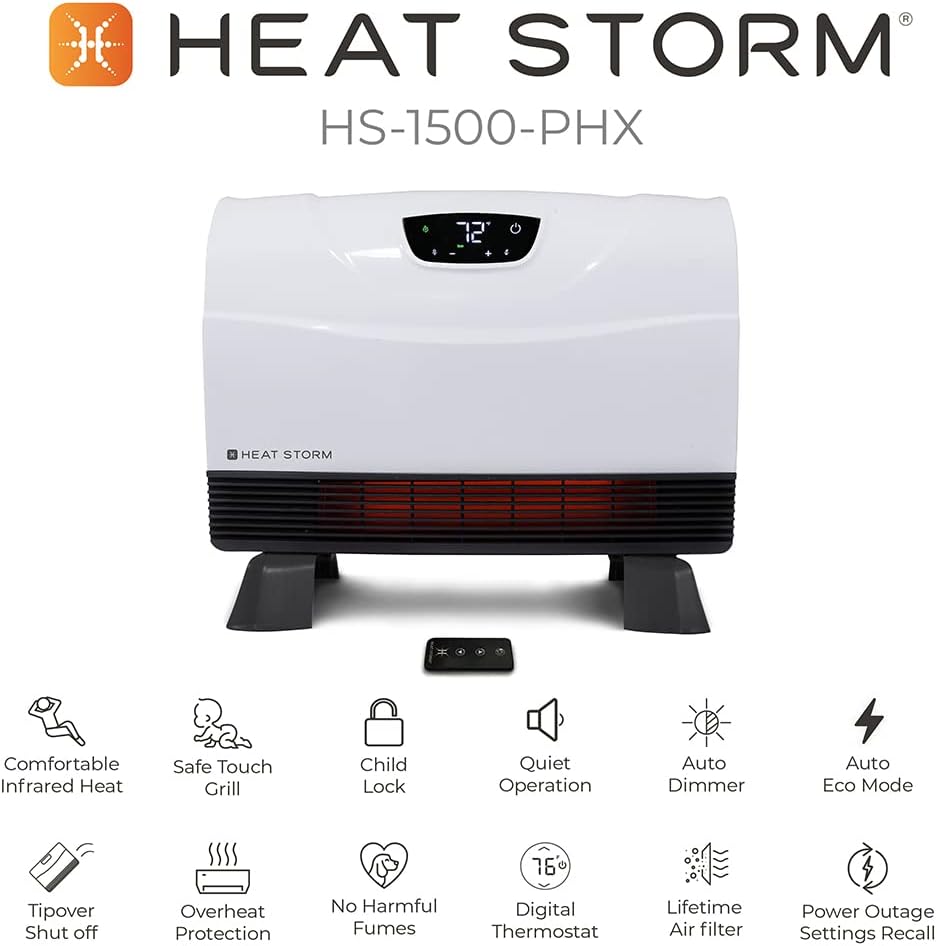 Heat Storm Phoenix HS-1500-PHX, Infrared Space Heater with Attachable Feet, Remote Control, Energy Efficient-750-1500 Watts, Gray Floor or Wall