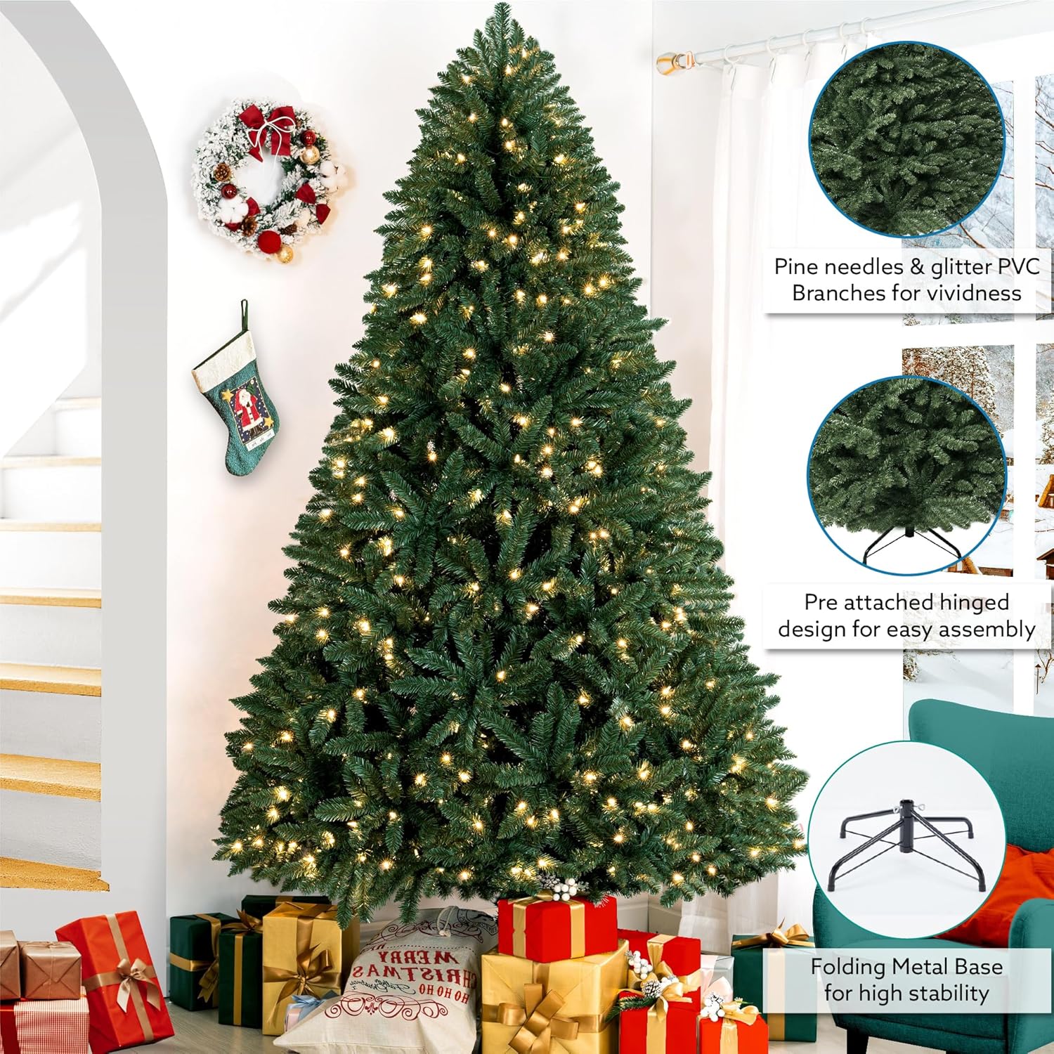 Naomi Home 6.5ft Rustic Christmas Tree with Lights, Realistic Classic Prelit with 2595 Branch Tips, 600 Warm Lights and Metal Stand, Aritificial Tree