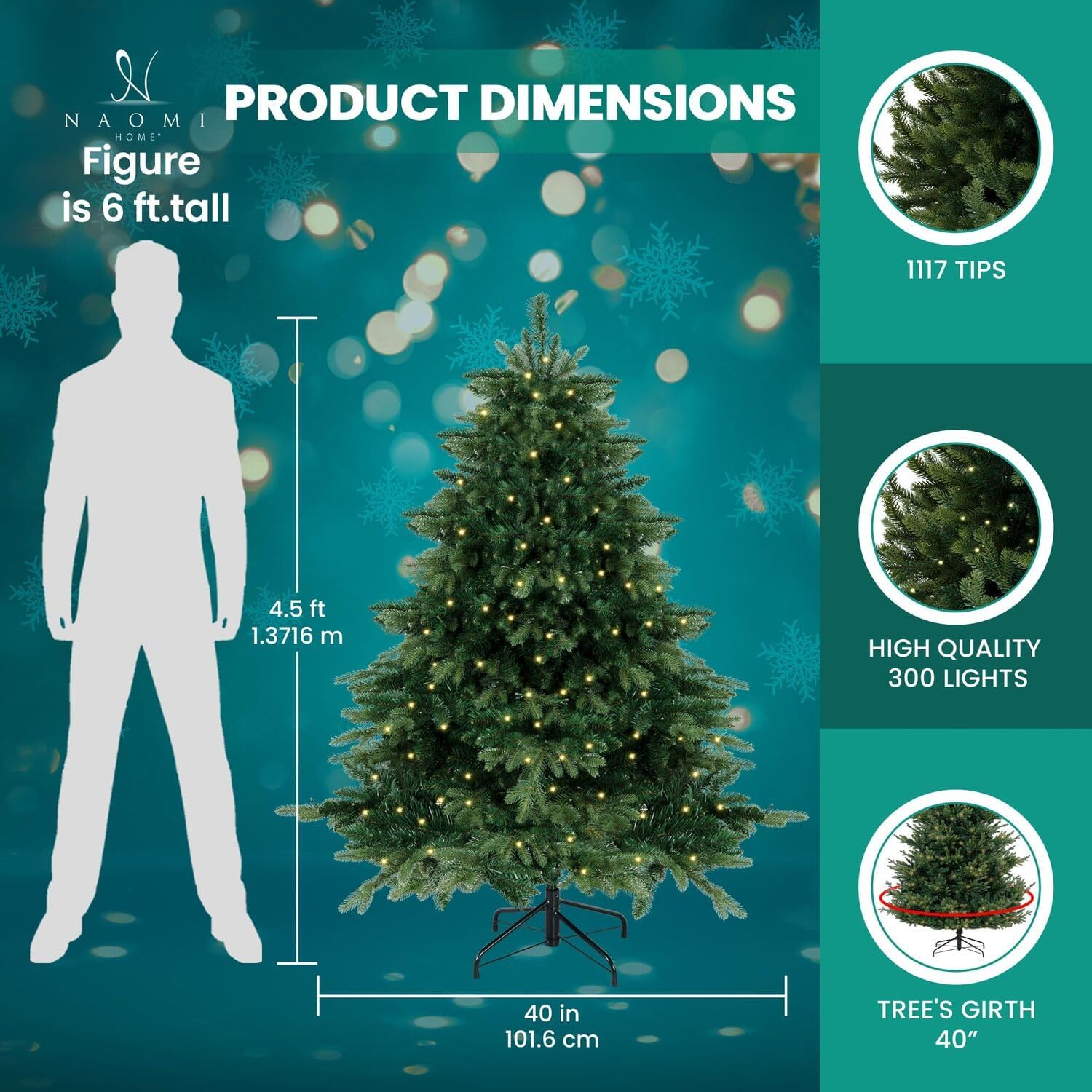 Naomi Home 6.5ft Rustic Christmas Tree with Lights, Realistic Classic Prelit with 2595 Branch Tips, 600 Warm Lights and Metal Stand, Aritificial Tree
