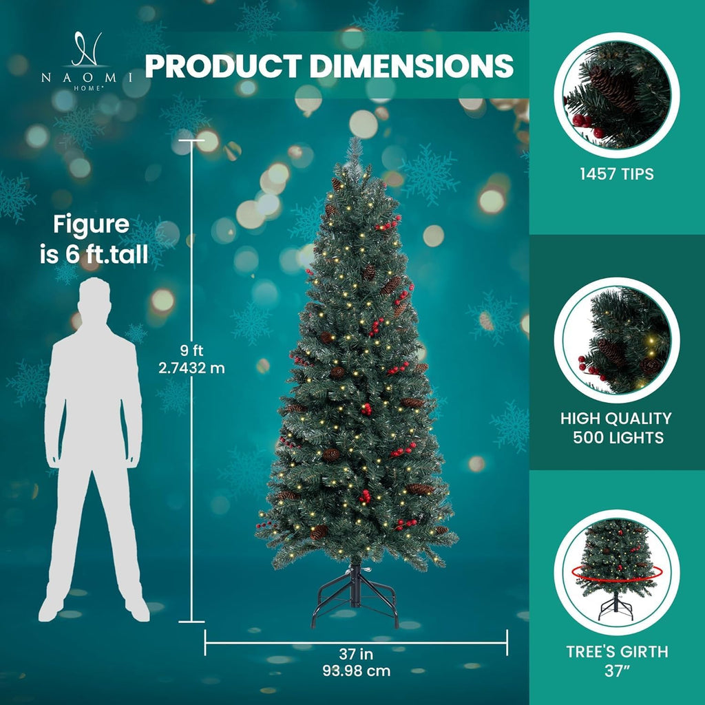 Naomi Home 6.5ft Rustic Christmas Tree with Lights, Realistic Classic Prelit with 2595 Branch Tips, 600 Warm Lights and Metal Stand, Aritificial Tree