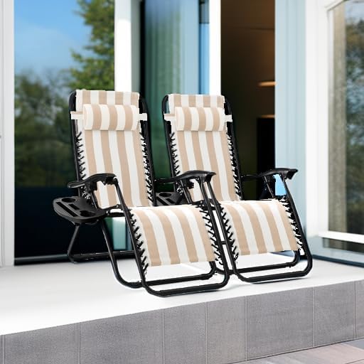 Best Choice Products Set of 2 Adjustable Steel Mesh Zero Gravity Lounge Chair Recliners w/Pillows and Cup Holder Trays - Beige