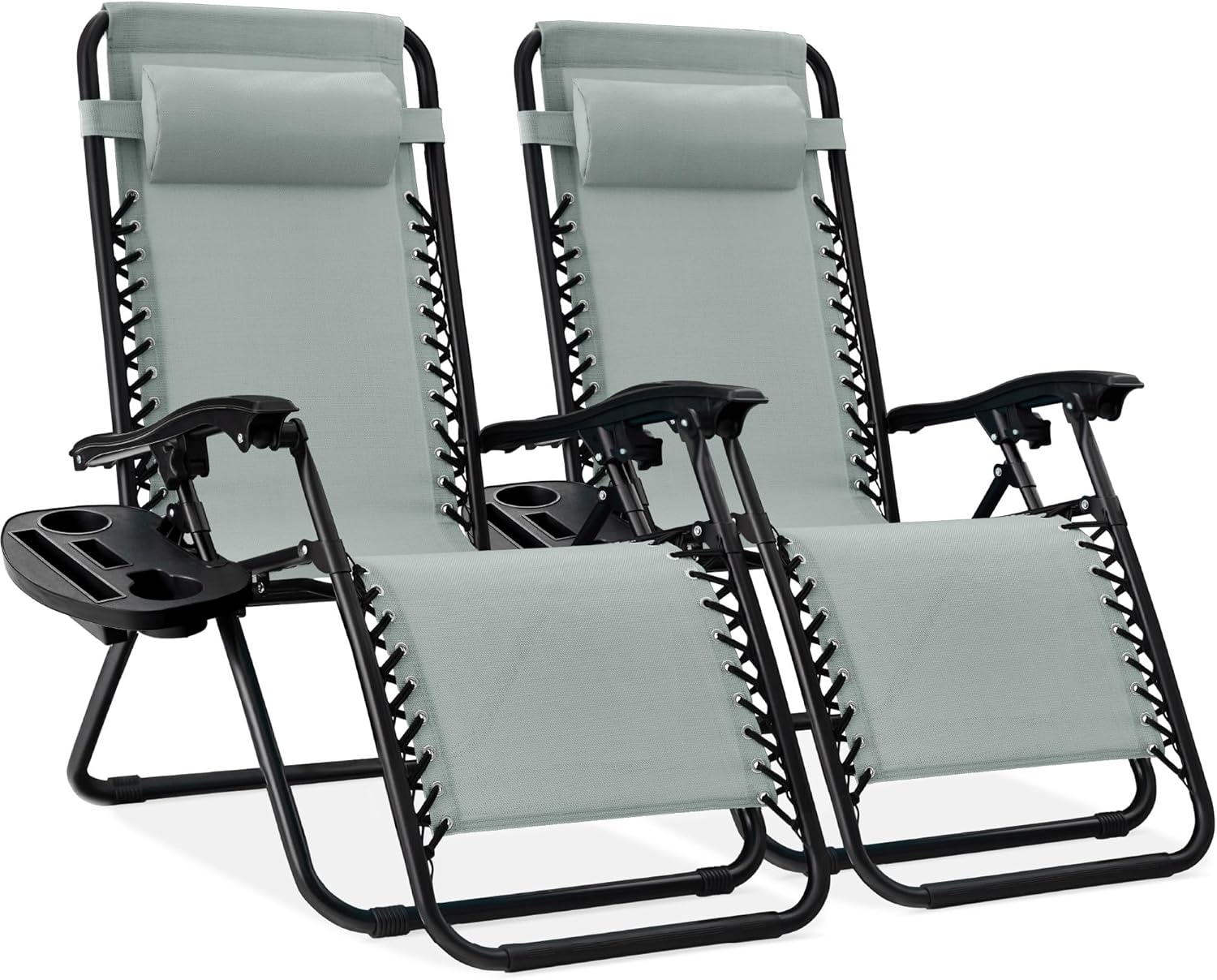 Best Choice Products Set of 2 Adjustable Steel Mesh Zero Gravity Lounge Chair Recliners w/Pillows and Cup Holder Trays - Beige