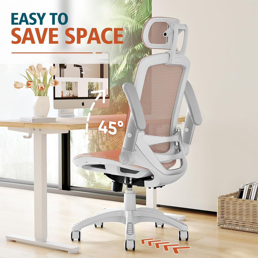 GABRYLLY Ergonomic Office Chair, High Back Home Desk Chair with Headrest, Flip-Up Arms, 90-120° Tilt Lock and Wide Cushion, Big and Tall Mesh Chairs for Man Woman, Grey Task Chair