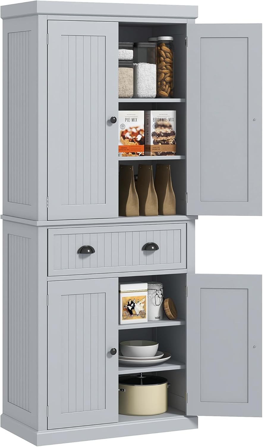 HOMCOM 72" Kitchen Pantry Cabinet, Freestanding Tall Storage Cabinet, Traditional Kitchen Cabinet with 4 Doors, Drawer and 3 Adjustable Shelves for Dining Room, Black
