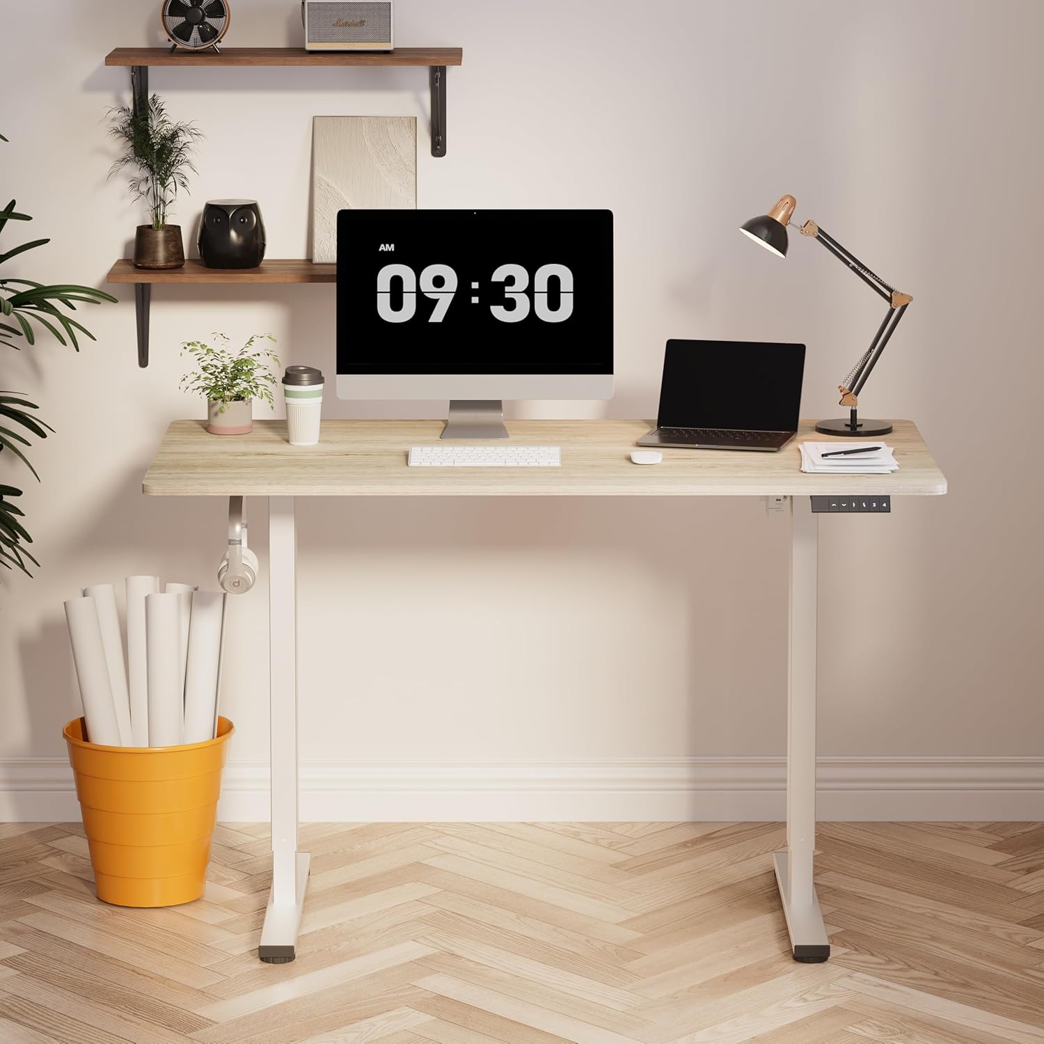 FLEXISPOT EN1 One-Piece Standing Desk 55 x 28 Inch Electric Adjustable Height Desk for Home Office and Computer Workstation (White Frame + 55" Maple Top, 2 Packages)