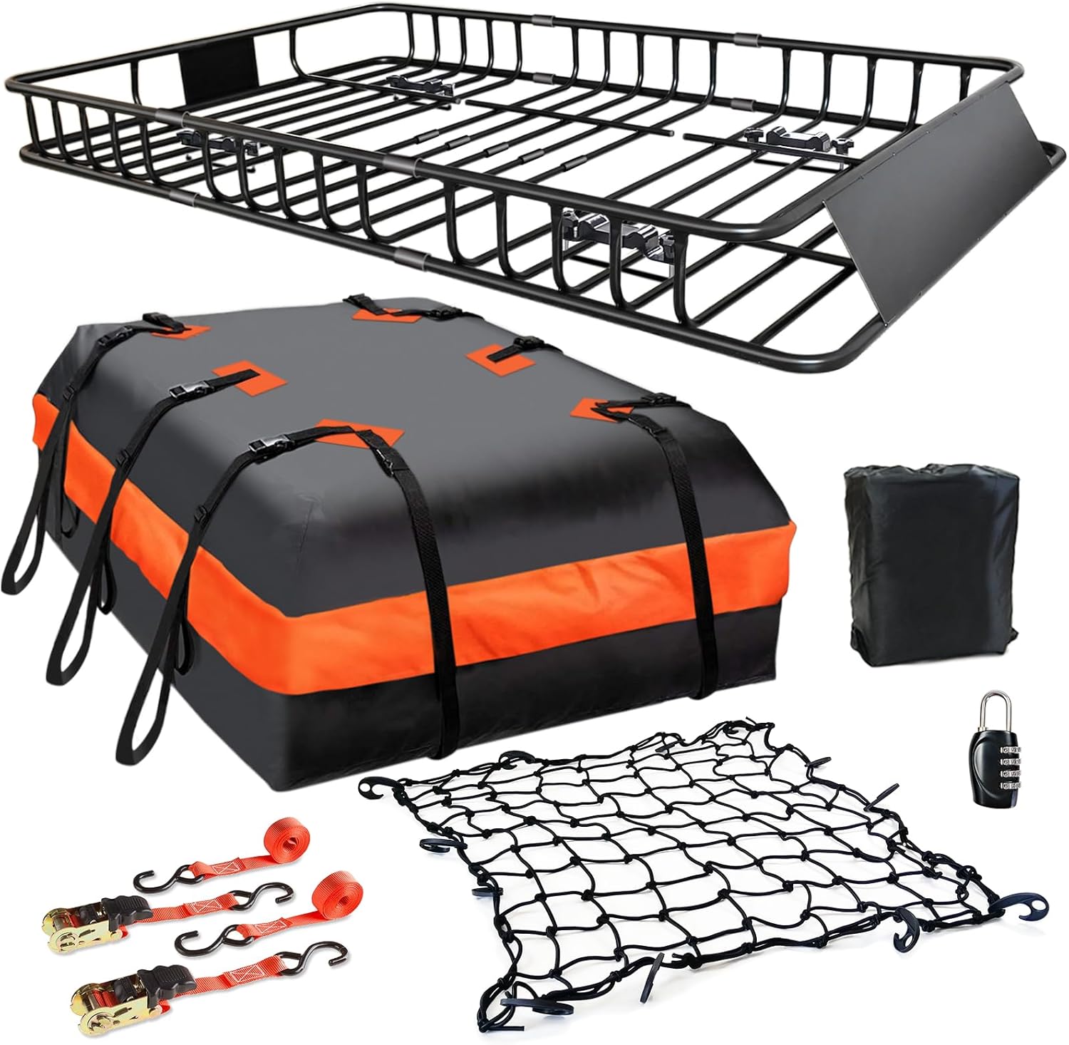 MeeFar High Rail Trailer Folding Hitch Mount Cargo Carrier Basket 60" X 24" X 14"+Waterproof Cargo Bag 20 cu ft(59" 24" 24"), Capacity of 500 Lbs with Hitch Stabilizer, Net, Lock and Straps