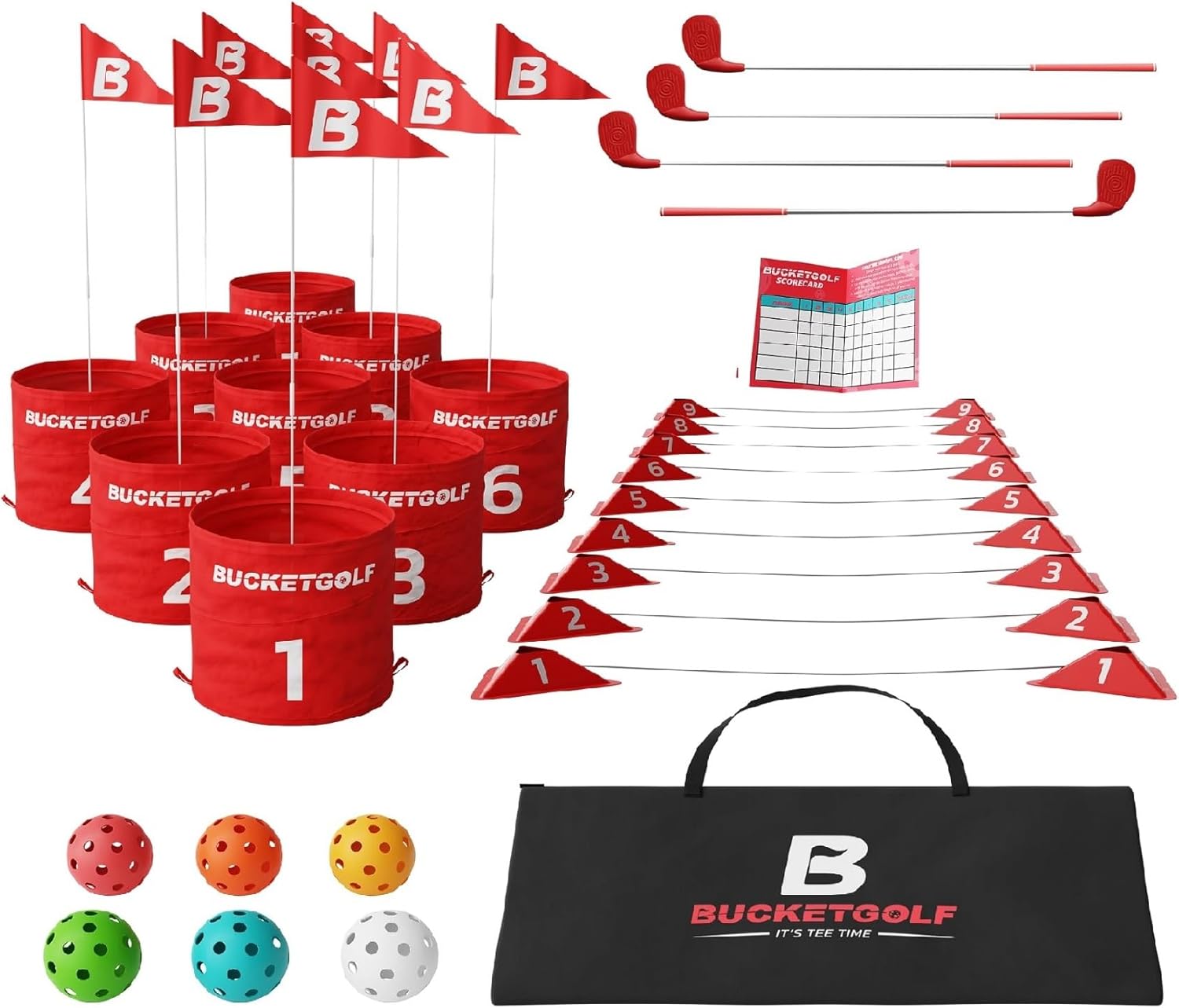 bucketgolf Game 9 Hole Bundle with Clubs - Outdoor Golf Game for All Ages Adults, Kids, Family. Play Golf Anywhere Yards, Beach, Park, Backyard Game. (2 Clubs (2 RH))
