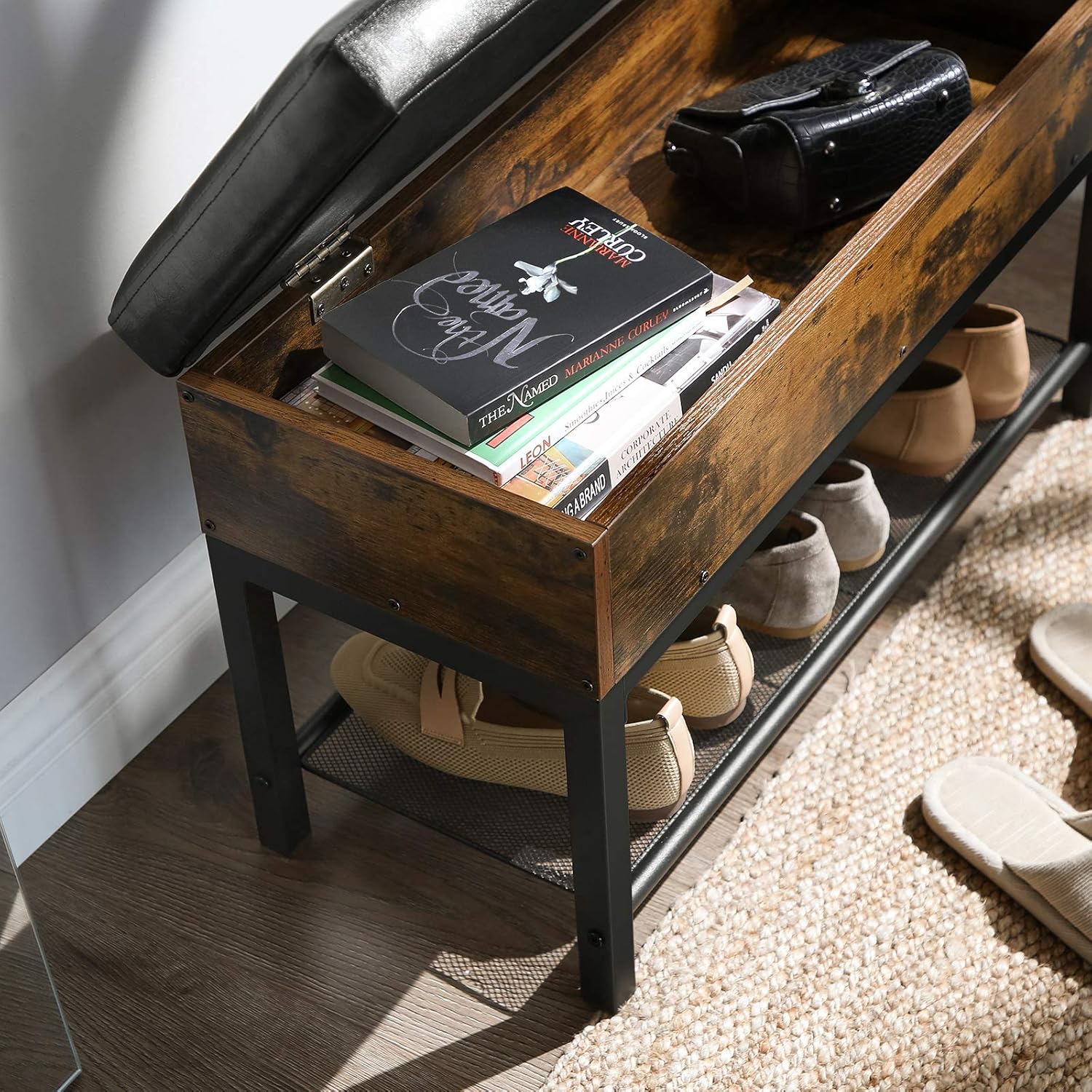 VASAGLE Shoe Bench, Storage Bench with Cupboard and 9 Open Compartments, Shoe Shelf, Padded Seat, Barn Door, 11.8 x 43.3 x 18.9 Inches, Rustic Brown ULHS058X01