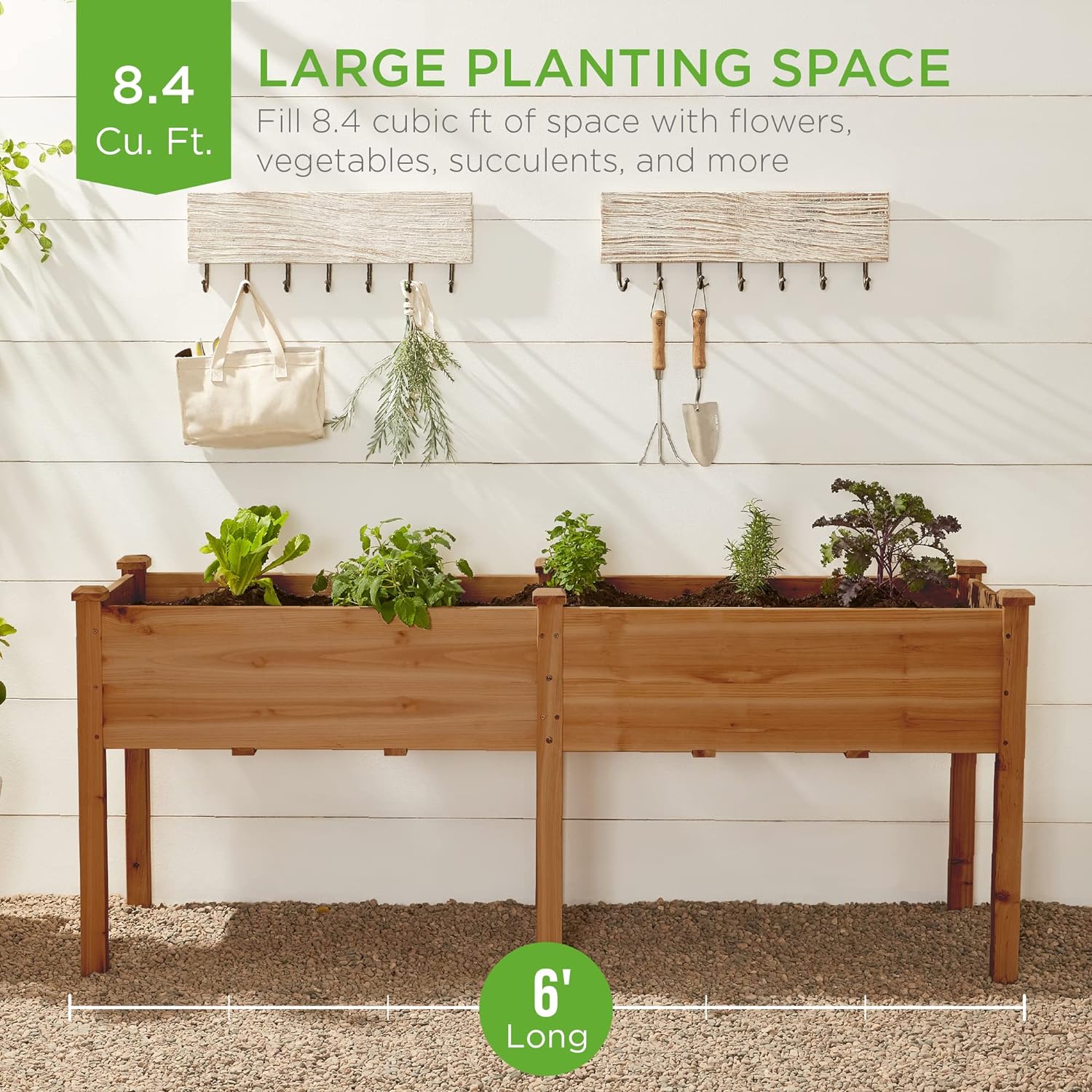 Best Choice Products 72x23x30in Raised Garden Bed, Elevated Wood Planter Box Stand for Backyard, Patio, Balcony w/Divider Panel, 6 Legs, 300lb Capacity - Natural