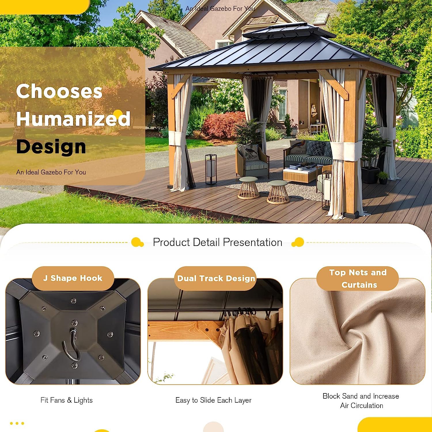💝Clearance sale✨11′ft x 13′ft Solid Wood Gazebo， With Privacy Curtain And Mosquito Net（brown）
