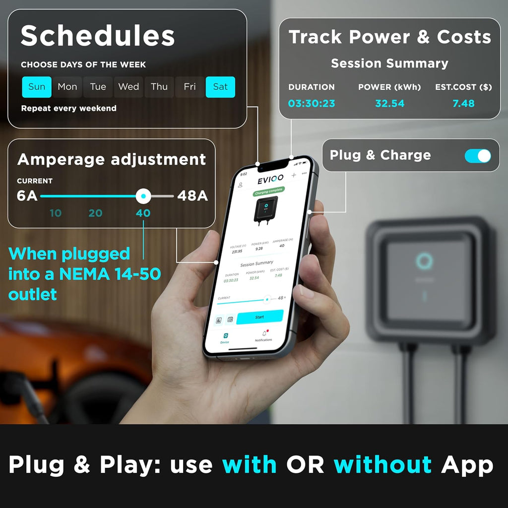 EVIQO Level 2 EV Charger 40 Amp - 9.6 kW 240V Wall EV Charger Level 2 for Home, NEMA 14-50 Plug, J1772 25' Cable, Enhanced Wi-Fi – UL, ETL Certified EVSE, Smart Car EV Charging Station – GEN 2