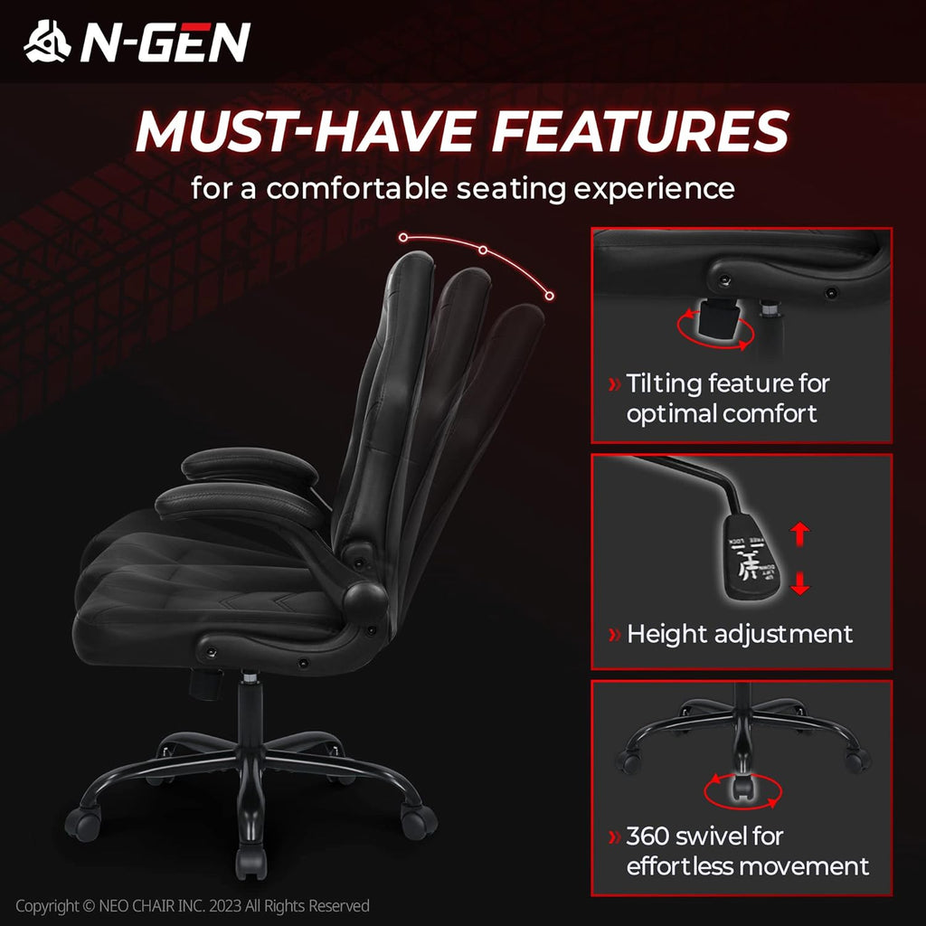 N-GEN Video Gaming Computer Chair Ergonomic Office Chair Desk Chair with Lumbar Support Flip Up Arms Adjustable Height Swivel PU Leather Executive with Wheels for Adults Women Men (Pink)